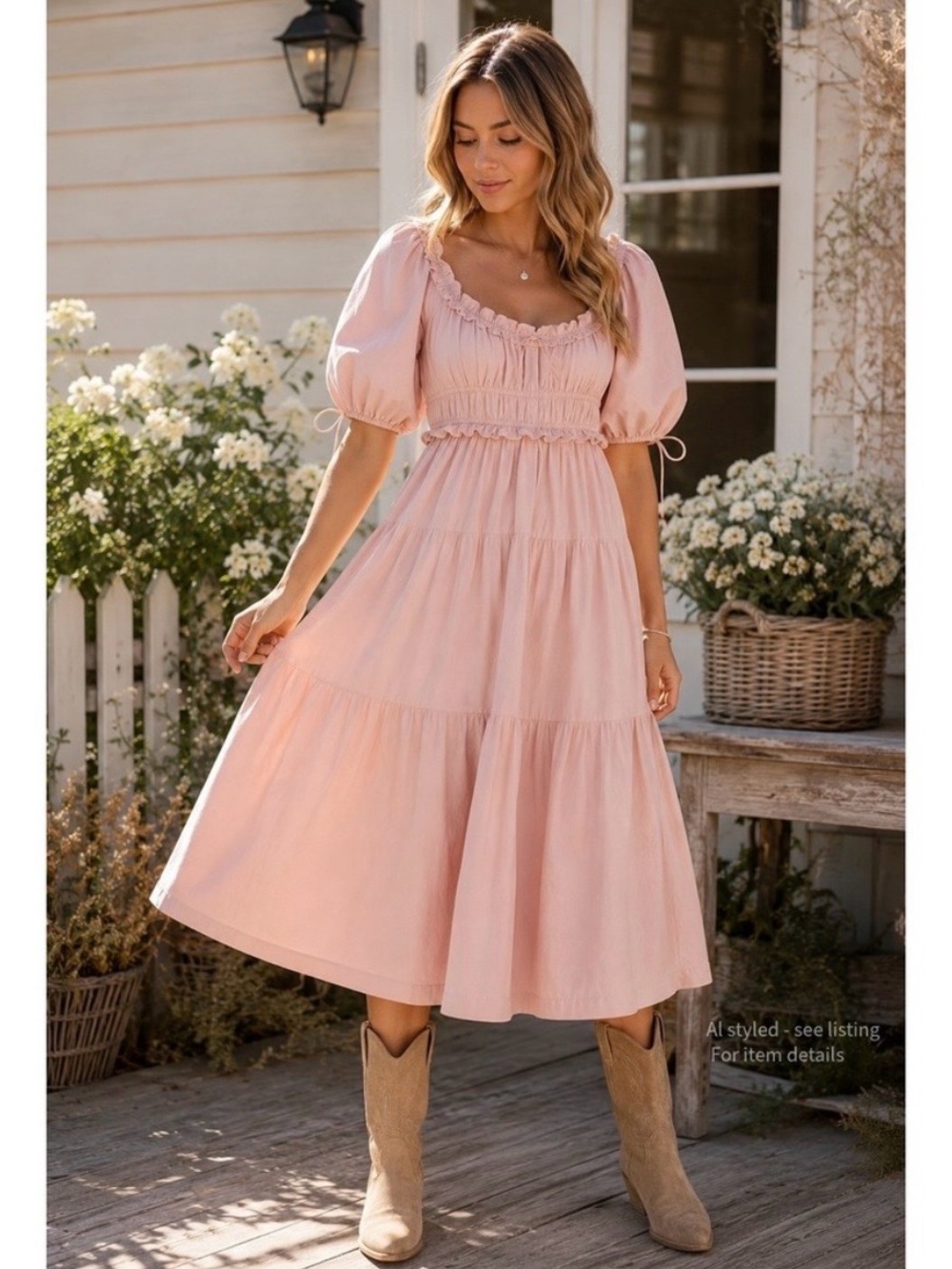 En Saison Brielle Pink Smocked Tiered Midi Dress Size XS Cottagecore Milkmaid
